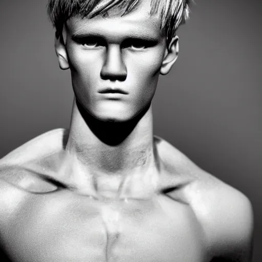 Image similar to a realistic detailed photo of a guy who is an attractive humanoid who is half robot and half humanoid, who is a male android, soccer player martin ødegaard, shiny skin, posing like a statue, blank stare, in a living room, on display, showing off his muscles