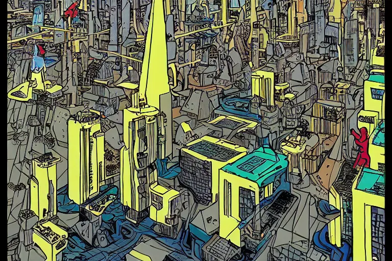 Image similar to sci-fi, futuristic city, cyberpunk, TinTin style! art by Hergé!!