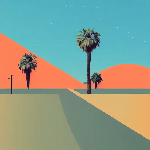 Prompt: a beautiful illustration of palm springs by James gilleard, artstation HD, geometric lines, olive and tangerine colors, HD, 4k, 8k