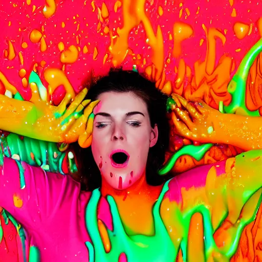 Image similar to a photo of a woman drowning in different colourful slime with golden sprinkles. moody and melanchonic.