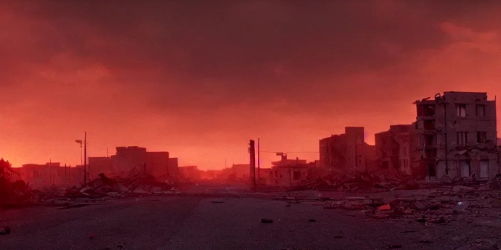 Prompt: a film still landscape by roger deakins - a destroyed city, 3 5 mm lens, early morning, dramatic lighting, cinematography, sunset red and orange, cinematic, global illumination, highly detailed, photorealistic