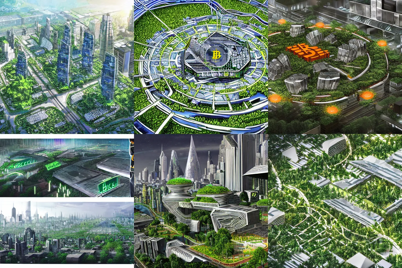 Prompt: Concept art of a futuristic Bitcoin megacity with plenty of vegetation, Bitcoin logos everywhere, utopia, highly-detailed