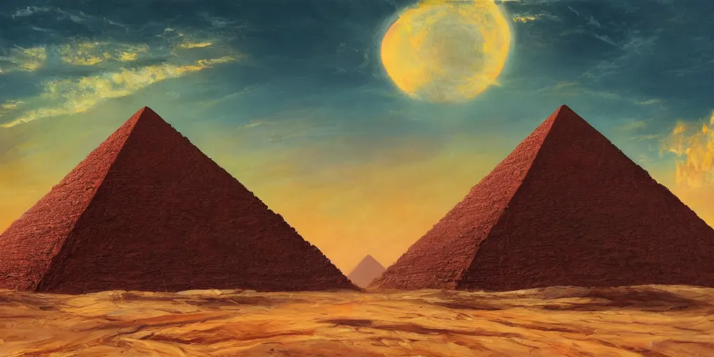 Image similar to an oil painting of a pyramid in in a post apocalyptic desert and a dark red sun, fantasy,hyper realistic, atmospheric lighting, cinematic, 8k,