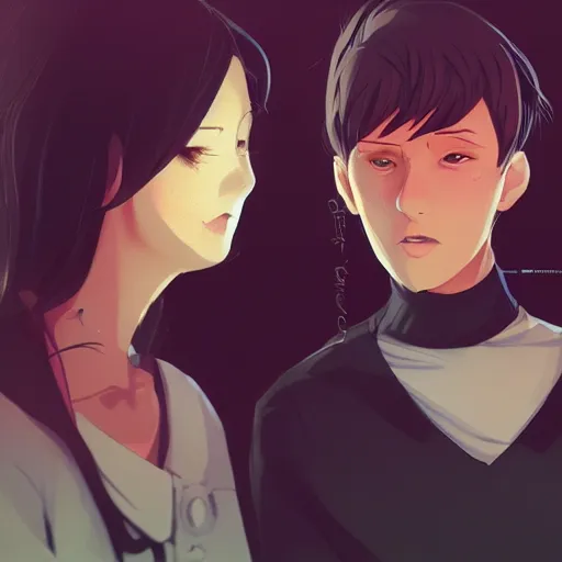Image similar to One person is talking and is condescending and looks malicious. The other person is listening and is confused a bit. 4k, anime key visual, lois van baarle, ilya kuvshinov, rossdraws, artstation
