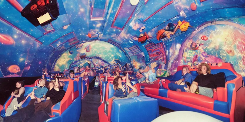 Image similar to 1990s photo of inside the Space Sofa ride at Universal Studios in Orlando, Florida, riding the flying sofa through space , cinematic, UHD