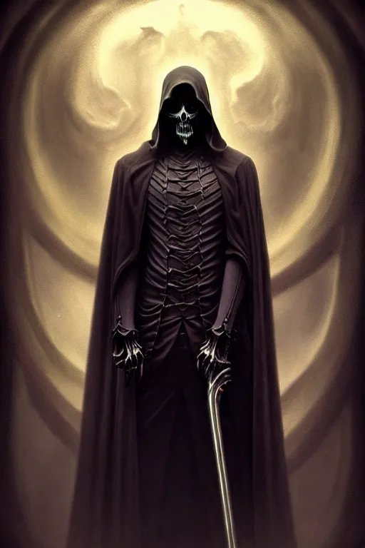 Image similar to video game cover, creepy grim reaper dressed with a cape, intricate baroque style. by carl gustav carus, by hsiao - ron cheng, masterpiece. intricate artwork, very coherent symmetrical artwork, cinematic, octane render, smooth gradients, high contrast. full body character, clean ink detailed line drawing, intricate detail, extremely detailed.