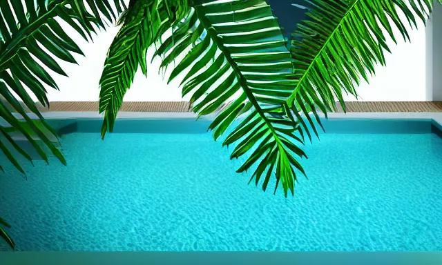 Image similar to 3d render of indoor pool with ferns and palm trees, pool tubes, chromatic abberation, depth of field, 80s photo