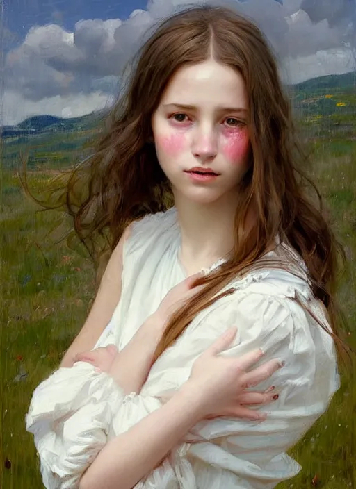 Image similar to portrait of girl dressed in white clothes , countryside, fantasy character portrait, dynamic pose, above view, view from above, sunny day, thunder clouds in the sky, artwork by Jeremy Lipkin and Giuseppe Dangelico Pino and Michael Garmash and rob rey, very coherent symmetrical artwork, perfect face, simple form, 100mm