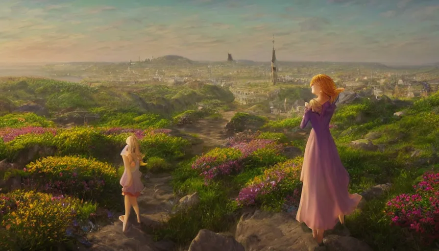 Image similar to over the shoulder landscape painting of violet evergarden standing on a distant colorful flower hill, behind it a distant old european city leiden from violet evergarden next to the reflecting ocean, ocean, sunshine, fantasy, intricate, elegant, highly detailed, digital painting, artstation, blender, unreal engine 5, octane render, smooth, sharp focus, illustration, by Anton Fadeev and Philipp A. Urlich and greg rutkowski