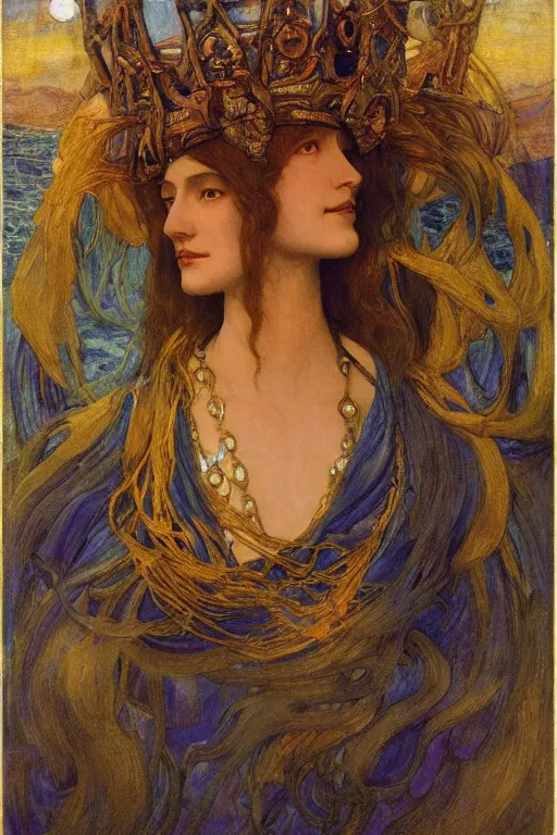 Image similar to queen of the sea and her regalia, by Annie Swynnerton and Nicholas Roerich and jean delville, dramatic cinematic lighting , ornate headdress , flowing robes, lost civilizations, smooth, sharp focus, extremely detailed