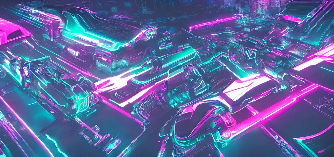 Image similar to cyberpunk, synthwave, vaporware aesthetics, retrowave, flat shading, neon, highly detailed aerial digital art of a tron cyberbike race, drone shot, cell - shaded