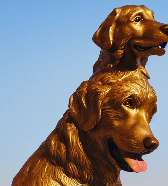 Image similar to a 4 k photorealistic photo medium shot of a bronze statue of a golden retriever.