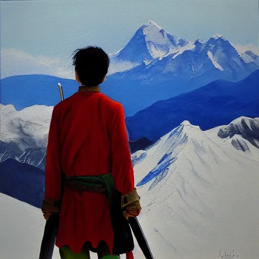 Image similar to painting of a lonesome warrior at the peak of himalayas, style of hiroki takeda