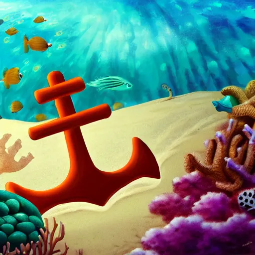 Prompt: an anchor in the sand near a coral reef surrounded by sea creatures, concept art, highly detailed, high quality, bright colors