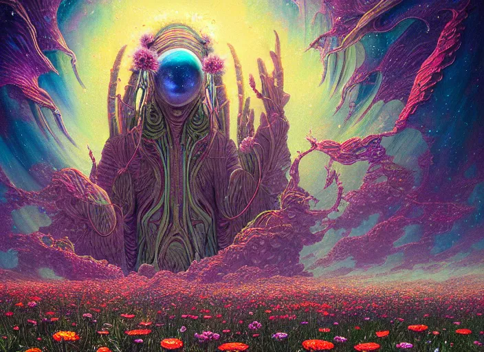 Image similar to a beautiful painting of a large alien shrine shrouded by mystic nebula magic in a field of flowers by moebius and android jones, oil on canvas sharp, details, hyper - detailed, hd, hdr, 4 k, 8 k