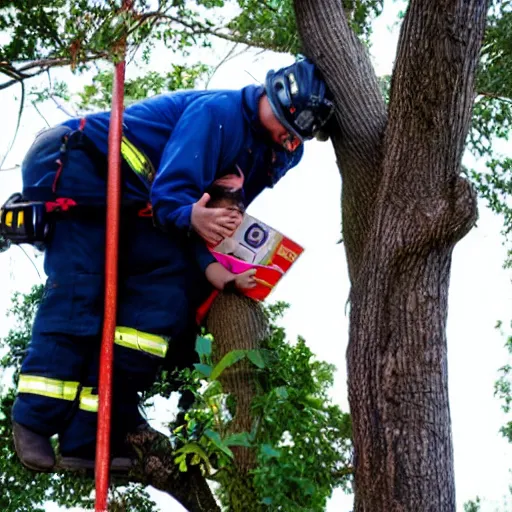 Prompt: a cat rescuing a fireman from a tree