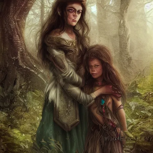 Image similar to portrait of sensual girl warrior and her daughter in a magical forest by leesha hannigan, fantasy, artwork, digital art, epic, highly detailed faces