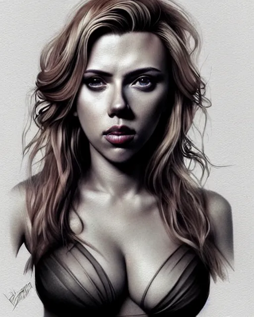 Image similar to full body gorgeous Scarlett Johansson, realistic character concept, arm tattoo sleeves, full body pose, autumn, makeup, shorter neck, illustration, symmetrical eyes and body, cinematic lighting, detailed realistic symmetrical eyes, artgerm, Joshua Middleton, single face, insanely detailed and intricate, beautiful