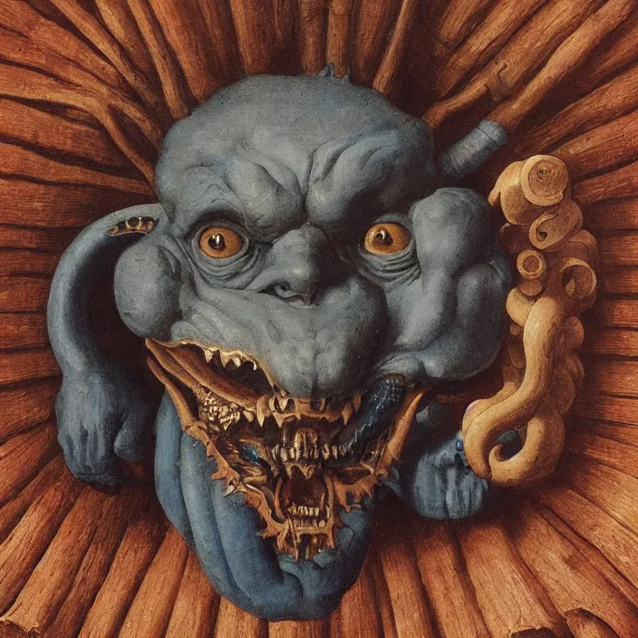 Image similar to close up portrait of a mutant monster creature with giant ear in the middle of the face, lapis - lazuli fangs growing sideways in a spiral shape. by jan van eyck, walton ford