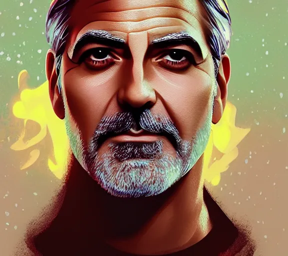 Image similar to portrait of george clooney, fire in eye, snow glow, pool party, highly detailed, digital painting, artstation, sharp focus, illustration, art by tan zi and ayanamikodon and alphonse mucha and wlop