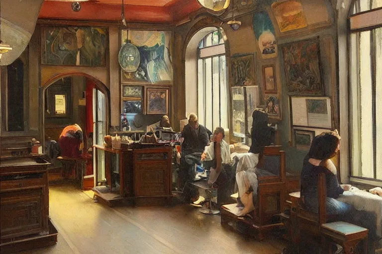 Image similar to “ interior of an art nouveau tattoo shop, jeremy lipking, joseph todorovitch ”