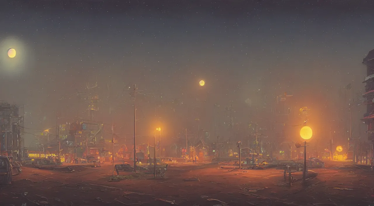 Image similar to A city at night, moonlight shining by Simon Stålenhag and Gerardo Dottori, oil on canvas.4k