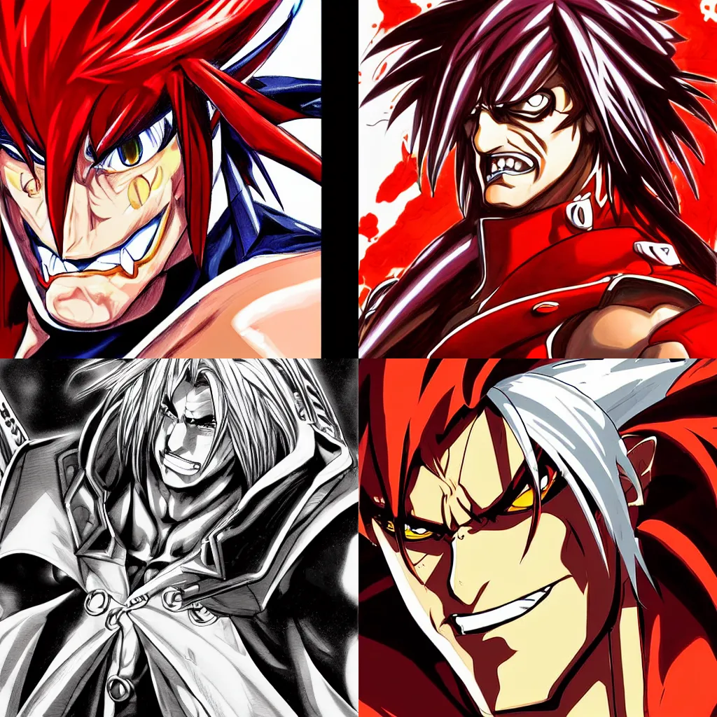Prompt: a portrait illustration of sol badguy from guilty gear strive drawn by yusuke murata, highly detailed, close-up, sharp lighting, red highlights, drawn by yusuke murata