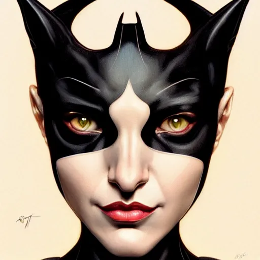 Prompt: symmetry!! front - faced portrait of catwoman, intricate, elegant, highly detailed, my rendition, digital painting, artstation, concept art, smooth, sharp focus, illustration, art by artgerm and greg rutkowski and alphonse mucha