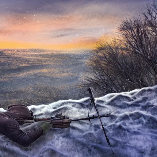 Image similar to a wide shot of a sad sniper laying on a mountain, digital art, acrylic, frost, cold, ice, scared, wind, storm, hiding, gloomy, tired,