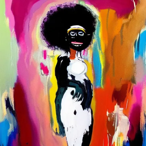 Image similar to A pretty attractive black woman with afro hair with white angel wings and black devil horns standing on earth, creative colors, full body, abstract jean-Michel Basquiat!!!!!!!! oil painting with thick paint strokes!!!!!!!!, oil on canvas, aesthetic, y2k!!!!!!, intricately!!!!!!!! detailed artwork!!!!!!!, trending on artstation, in the style of jean-Michel Basquiat!!!!!!!!!!!!, by jean-Michel Basquiat!!!!!!!!!!!, in the style of jean-Michel Basquiat!!!!!!!!!!!, in the style of jean-Michel Basquiat!!!!!!!!!!!, in the style of jean-Michel Basquiat!!!!!!!!!!!, in the style of jean-Michel Basquiat!!!!!!!!!!!, in the style of jean-Michel Basquiat!!!!!!!!!!!