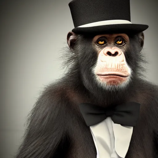 Image similar to photograph of a chimpanzee wearing a monocle and a top hat. 8 k. hyper real. trending on artstation trending on deviantart.