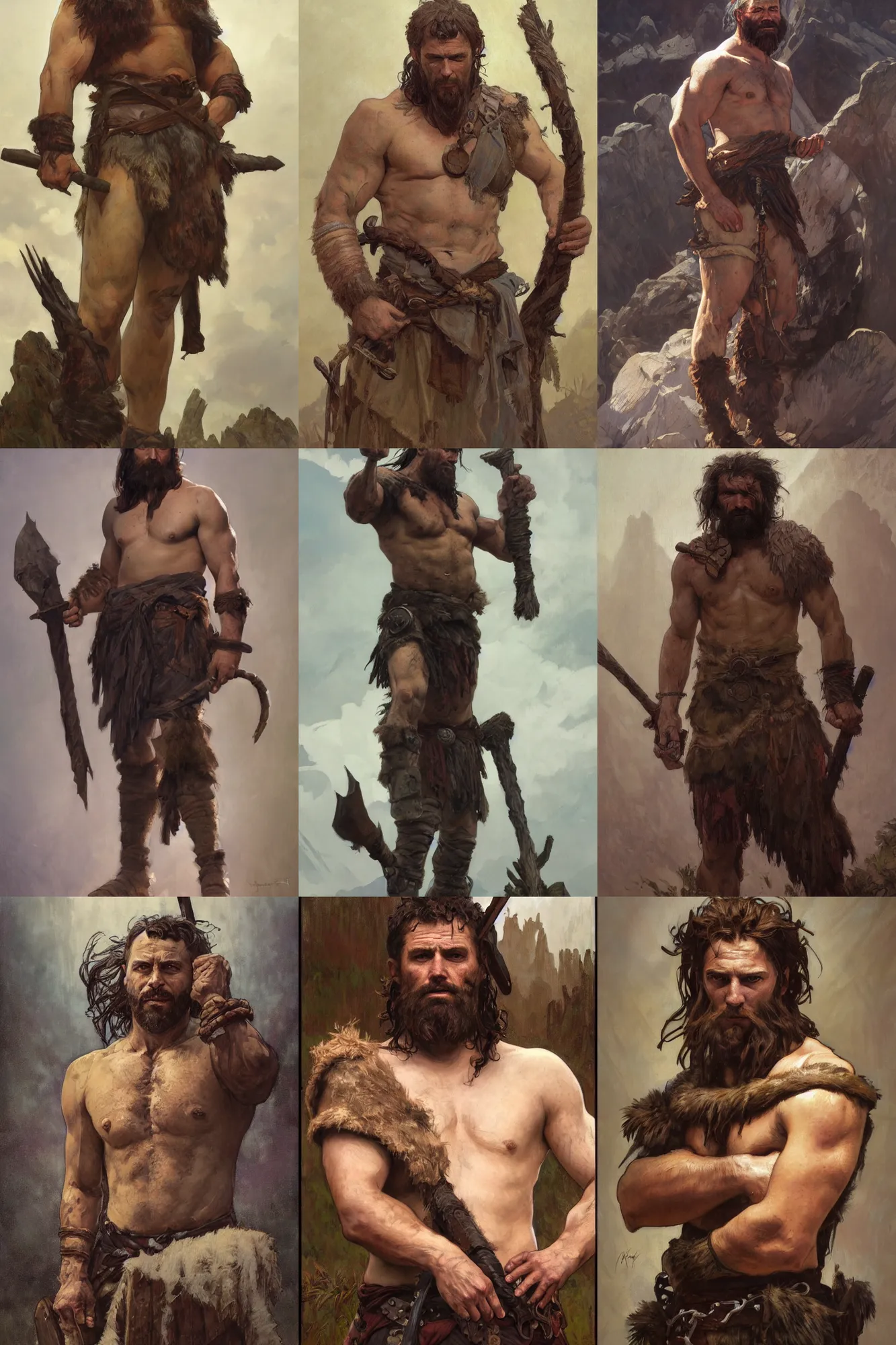 Prompt: a full body fantasy portrait oil painting illustration of a single rugged stoic barbarian man by Justin Sweet and Greg Rutkowski and Alphonse Mucha with face and body clearly visible, visible pupils, d&d, rpg, forgotten realms, artstation trending, high quality, sombre mood, artstation trending, muted colours, no crop, entire character!,