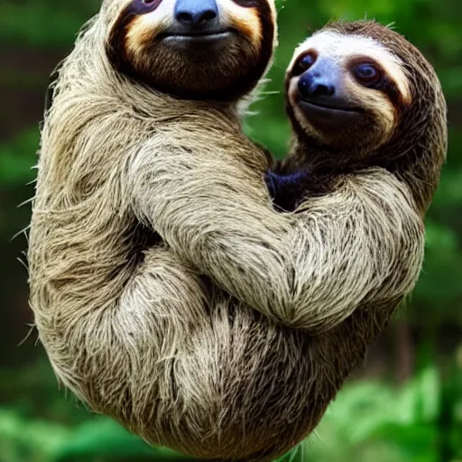 Image similar to a sloth hugging his turtle friend