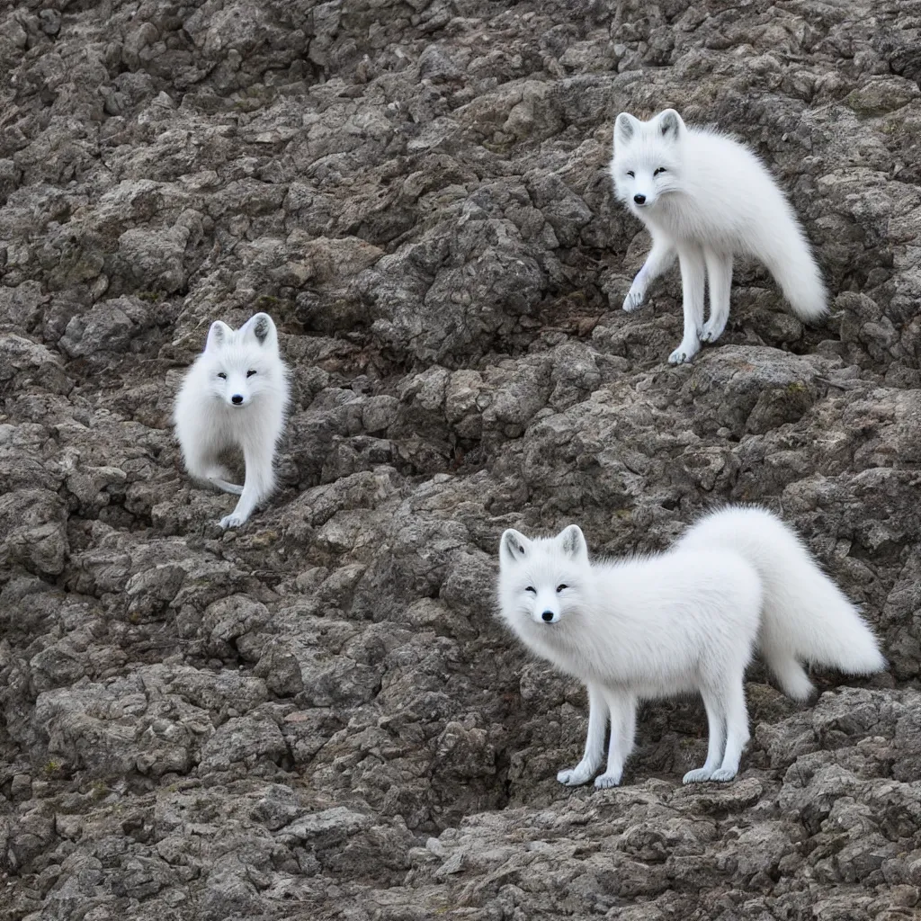 Prompt: beautiful arctic fox, XF IQ4, 150MP, 50mm, f/1.4, ISO 200, 1/160s, natural light, Adobe Photoshop, Adobe Lightroom, DxO Photolab, Corel PaintShop Pro, symmetrical balance, depth layering, polarizing filter, Sense of Depth, AI enhanced