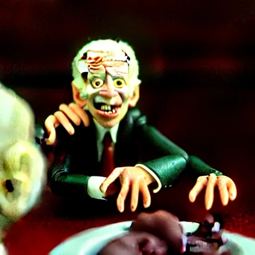 Image similar to claymation joe biden insatiable hunger for ice cream by jan svankmajer, hyperrealistic, very detailed, tim burton, 3 5 mm film still, gothic, horror, eldritch