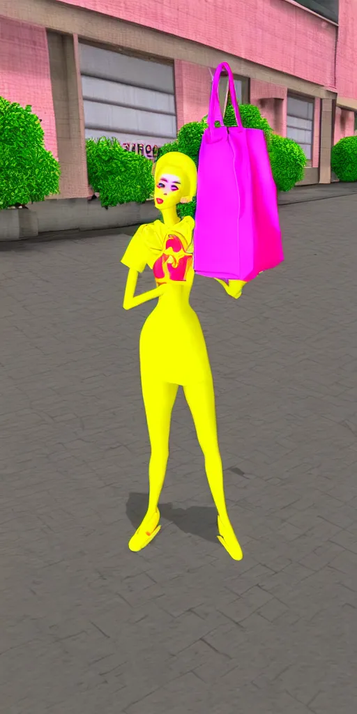 Image similar to 3d glitched malice yellow doll carrying a pink fashion bag in a street city psx rendered early 90s net art n64