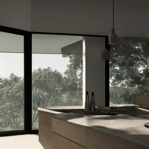 Image similar to brutalist open kitchen, big windows, showing trees landscape on background, minimalist architecture, minimalist furniture, octane render, high quality, 8 k, post production