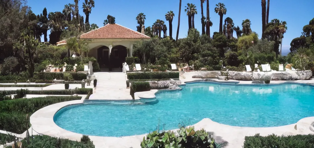 Image similar to house made of pentelic marble, designed by ictinus and callicrates. neptune pool from hearst castle in backyard. built in 1 9 5 9 in santa monica. fancy post - oscars party