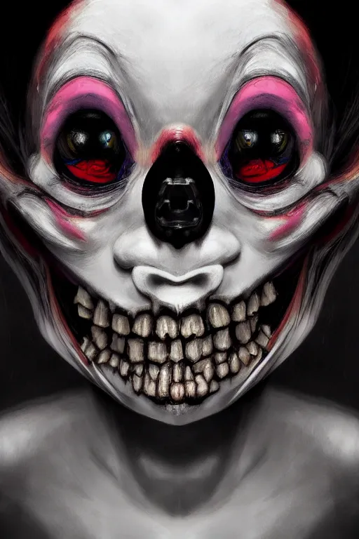 Image similar to portrait of a creepy clown girl skull. intricate abstract. intricate artwork. nightmare fuel. terrifying. by Tooth Wu, wlop, beeple, dan mumford. octane render, trending on artstation, greg rutkowski very coherent symmetrical artwork. cinematic, hyper realism, high detail, octane render, 8k, iridescent accents, black and white