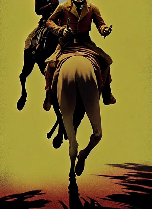 Image similar to poster artwork by Michael Whelan and Tomer Hanuka, of Kermit the From riding a horse, from scene from Django Unchained, clean