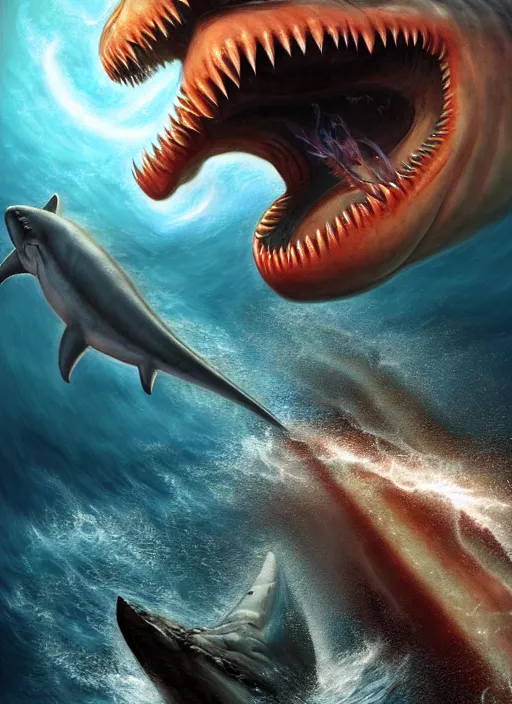 Prompt: a kronosaurus battles a megalodon in the ocean depths, cosmic horror painting, elegant intricate digital painting artstation concept art by mark brooks and brad kunkle detailed