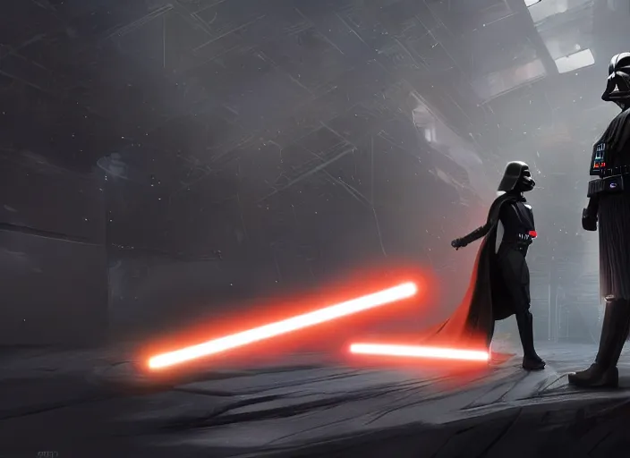 Prompt: a Photorealistic dramatic hyperrealistic render of darth vader with lightsaber drawn facing off against a calm cute corgi, futuristic star wars vibe, by WLOP and Artgerm and Greg Rutkowski and Alphonse Mucha, Beautiful dynamic dramatic dark moody lighting, shadows, cinematic atmosphere, Artstation, concept design art, Octane render, 8K, masterpiece, sharp focus