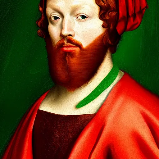 Prompt: a renaissance style portrait painting of a funny looking red haired man, wearing a crown and green cape, dark background. trending on artstation.