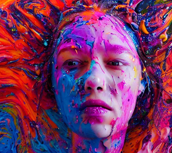 Image similar to still shot footage of a portrait of a female angel's head made of acrylic pour and coloured powder explosion and splashing paint and dripping paint and flying paint chunks, closing eyes, motion blur, hyperrealistic, medical, intricate art photography, hyperrealistic, anatomically correct, realistic crisp textures, 1 6 k