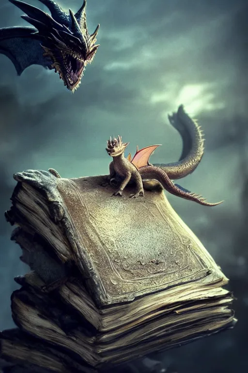 Image similar to A tiny dragon sleeping on an old dusty magic book, dramatic lighting, cinematic, establishing shot, extremely high detail, foto realistic, cinematic lighting, post processed, concept art, high details, cinematic, 8k resolution, beautiful detailed, photorealistic, digital painting, artstation, concept art, smooth, sharp focus, artstation trending, octane render, unreal engine