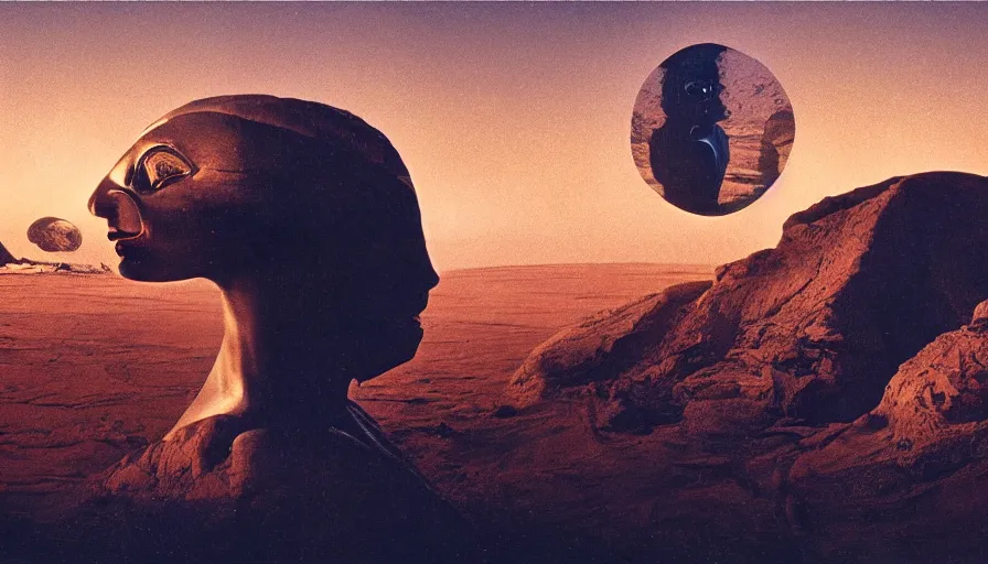 Image similar to glowing bene gesserit in full - face golden glowing mask meet salvador dali in a black rocky desert landscape with alienabandoned city beneath the sand and giant alien spaceship in the sky attacks the earth by christopher doyle and alejandro jodorowsky, anamorphic lens, kodakchrome, cinematic composition, very detailed photo, 8 k,