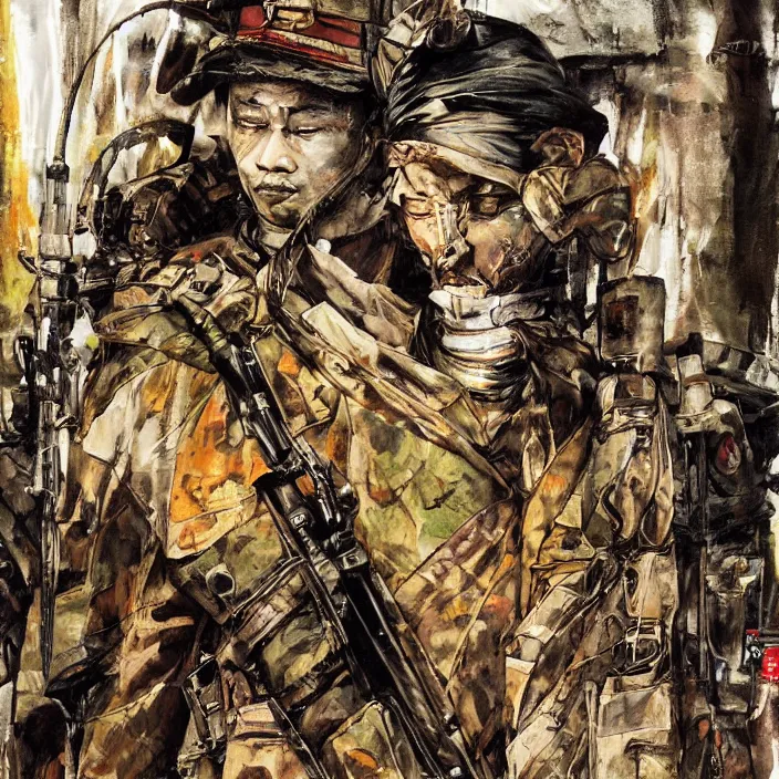 Prompt: burmese pdf soldier, painting, by greg ruthowski, yoshikata amano, yoji shinkawa, alphonse murac, collaborative artwork, beautifully drawn, heavily detailed