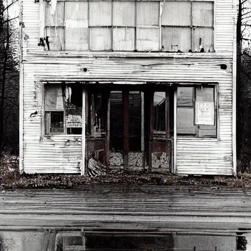 Image similar to an abandoned store's exterior in the middle of nowhere, by helen levitt, ultra detailed, rainy, beautiful
