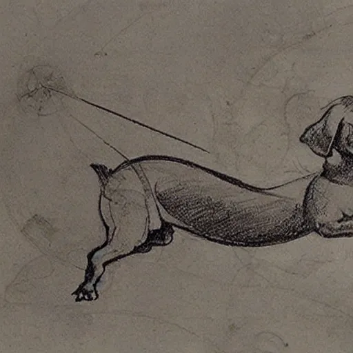 Image similar to leonardo da vinci sketch of a mechanical flying dachshund