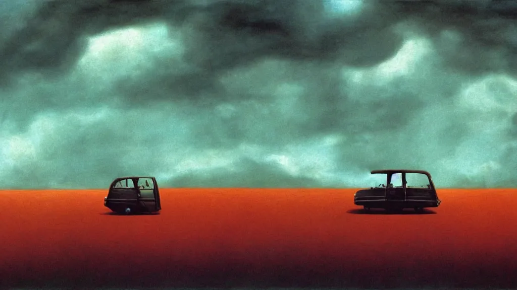 Image similar to the hip creature sells sits in a car, they look at the sky film still from the movie directed by denis villeneuve and david cronenberg with art direction by salvador dali and zdzisław beksinski, wide lens